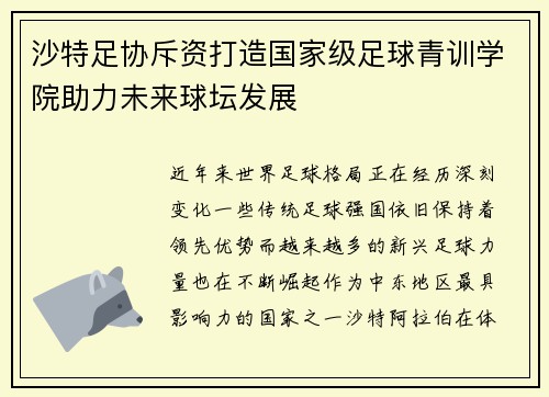 沙特足协斥资打造国家级足球青训学院助力未来球坛发展