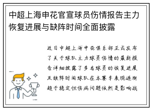 中超上海申花官宣球员伤情报告主力恢复进展与缺阵时间全面披露