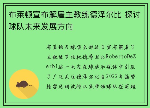 布莱顿宣布解雇主教练德泽尔比 探讨球队未来发展方向